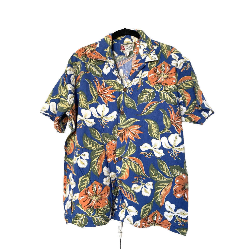 Vintage Hilo Hattie Hawaiian Aloha Blue with Orange Hibiscus Shirt L Large